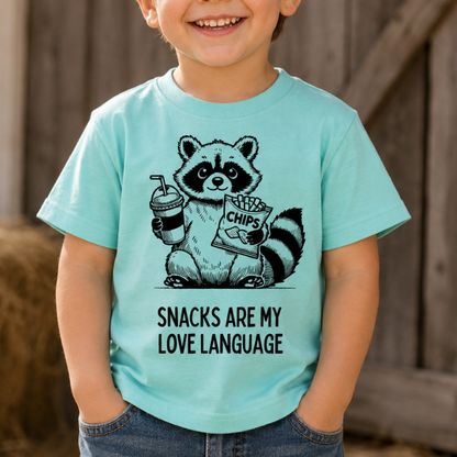 Snacks Are My Love Language Raccoon Kids Tee