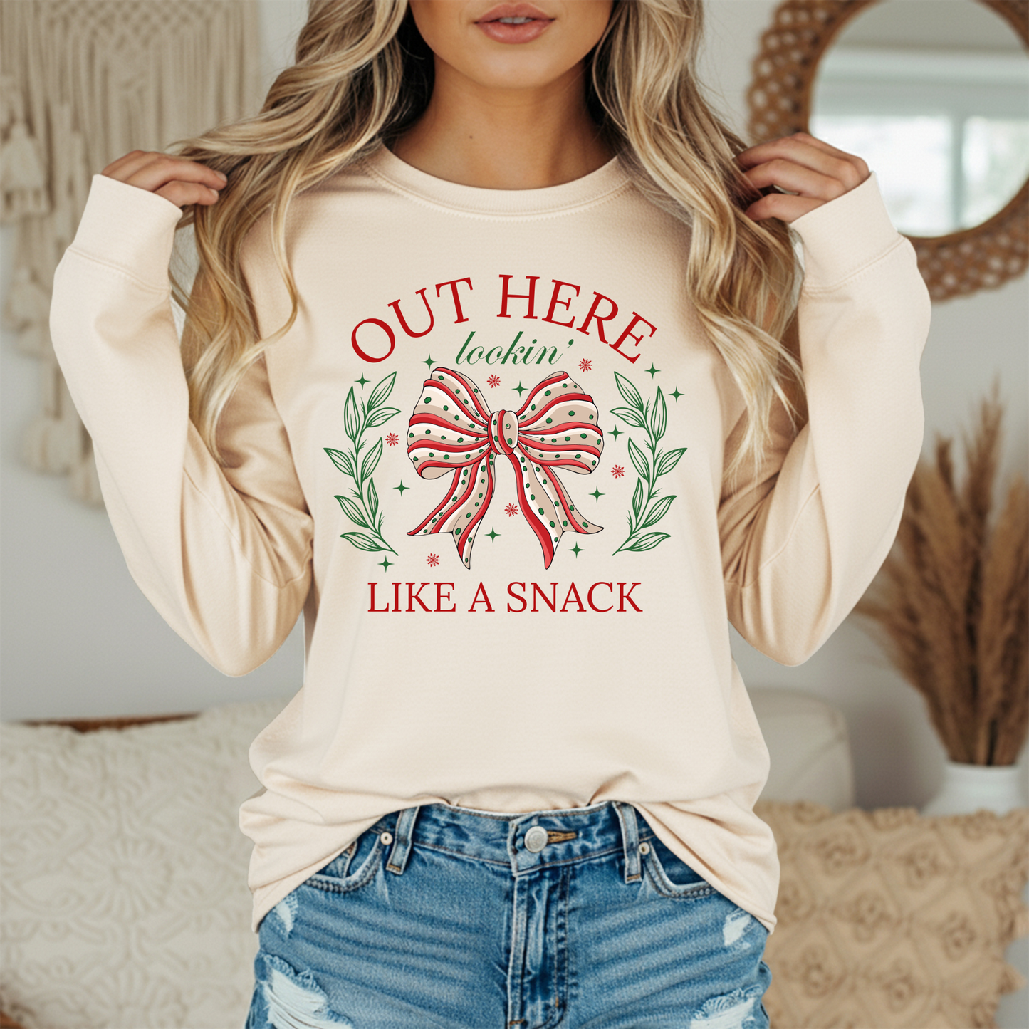 Out Here Lookin' Like A Snack Comfort Colors Long Sleeve – Funny Christmas Bow Tee