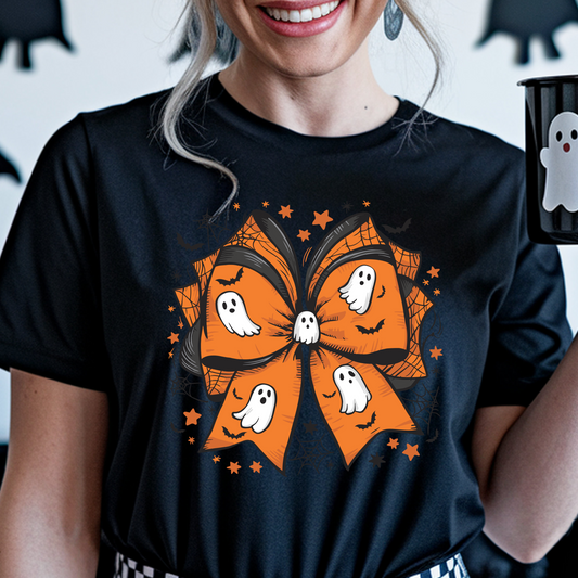 “Ghost Bow” Graphic Tee – Cute Halloween Bow & Ghost Shirt