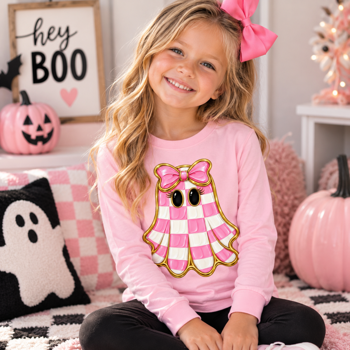 Spooky Ghost Pumpkin Kids Long Sleeve Tee