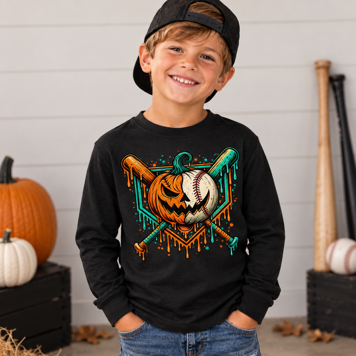 Halloween Baseball Pumpkin Kids Tee