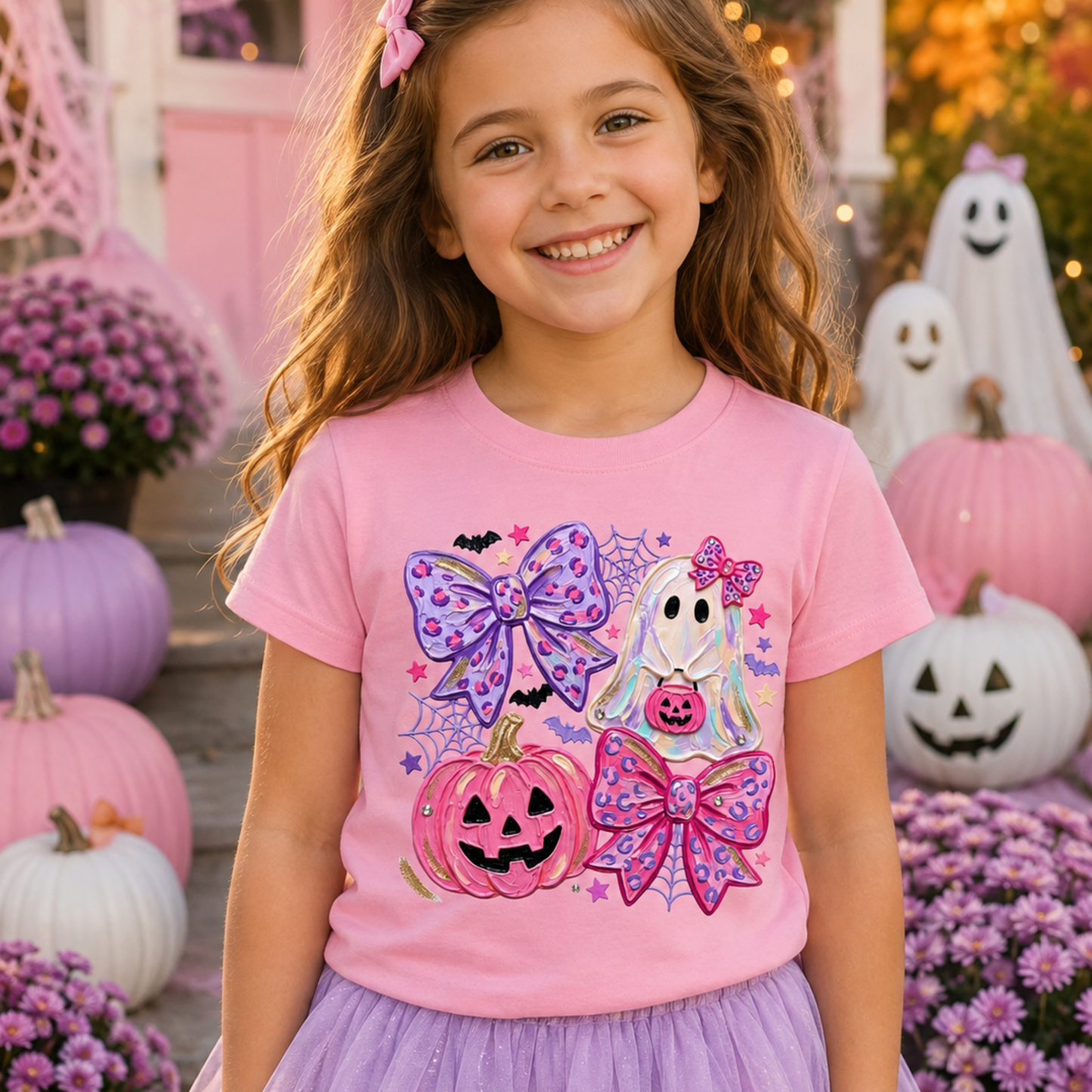 Pink Spooky Bow Halloween Kids Tee