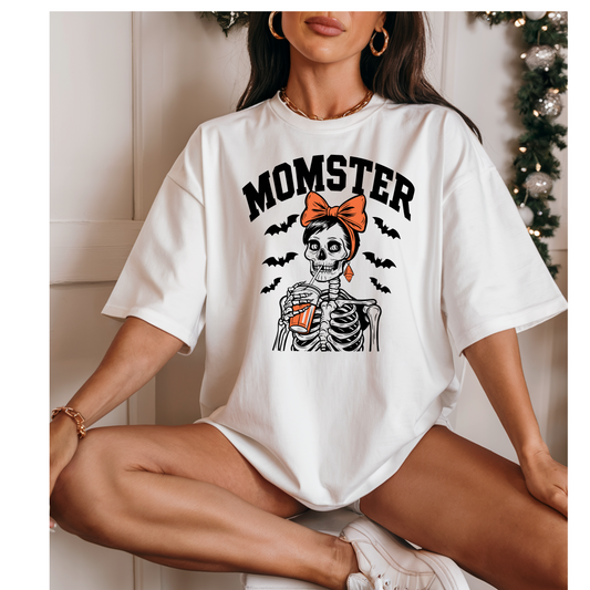 “Momster” Graphic Tee – Funny Halloween Mom Shirt with Skeleton Design