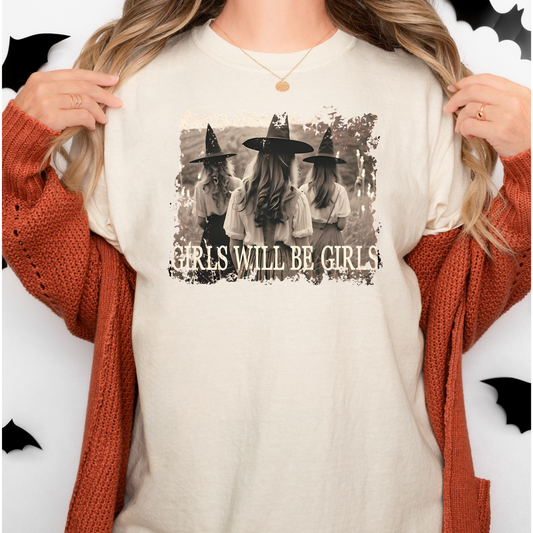 Girls Will Be Girls Halloween Graphic Tee – Witchy Retro Aesthetic Shirt
