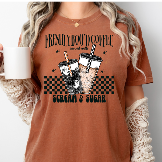 “Freshly Boo’d Coffee” Graphic Tee – Halloween Coffee Lover Shirt