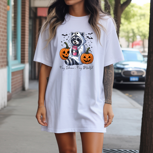 Very Demure, Very Mindful Raccoon Halloween T-Shirt – White Comfort Colors | Pumpkin & Ghost Coffee Cute Fall Tee