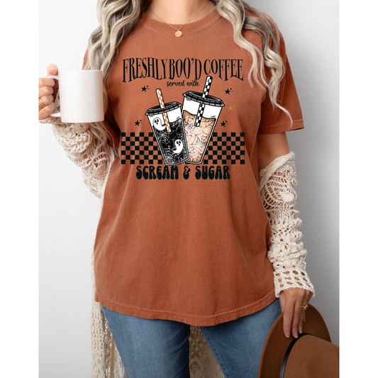 “Freshly Boo’d Coffee” Graphic Tee – Halloween Coffee Lover Shirt