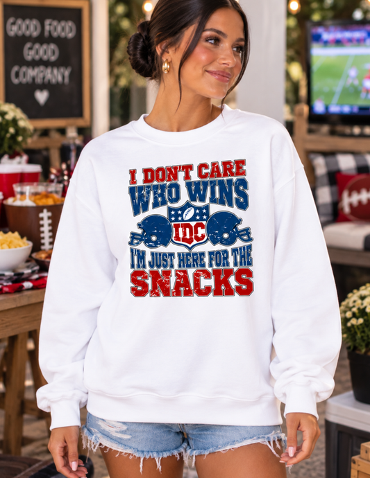 I Don’t Care Who Wins I’m Just Here for the Snacks Lane Seven White Crewneck