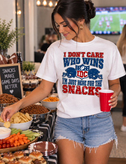 Don’t Care Who Wins I’m Just Here for the Snacks Comfort Colors White Tee