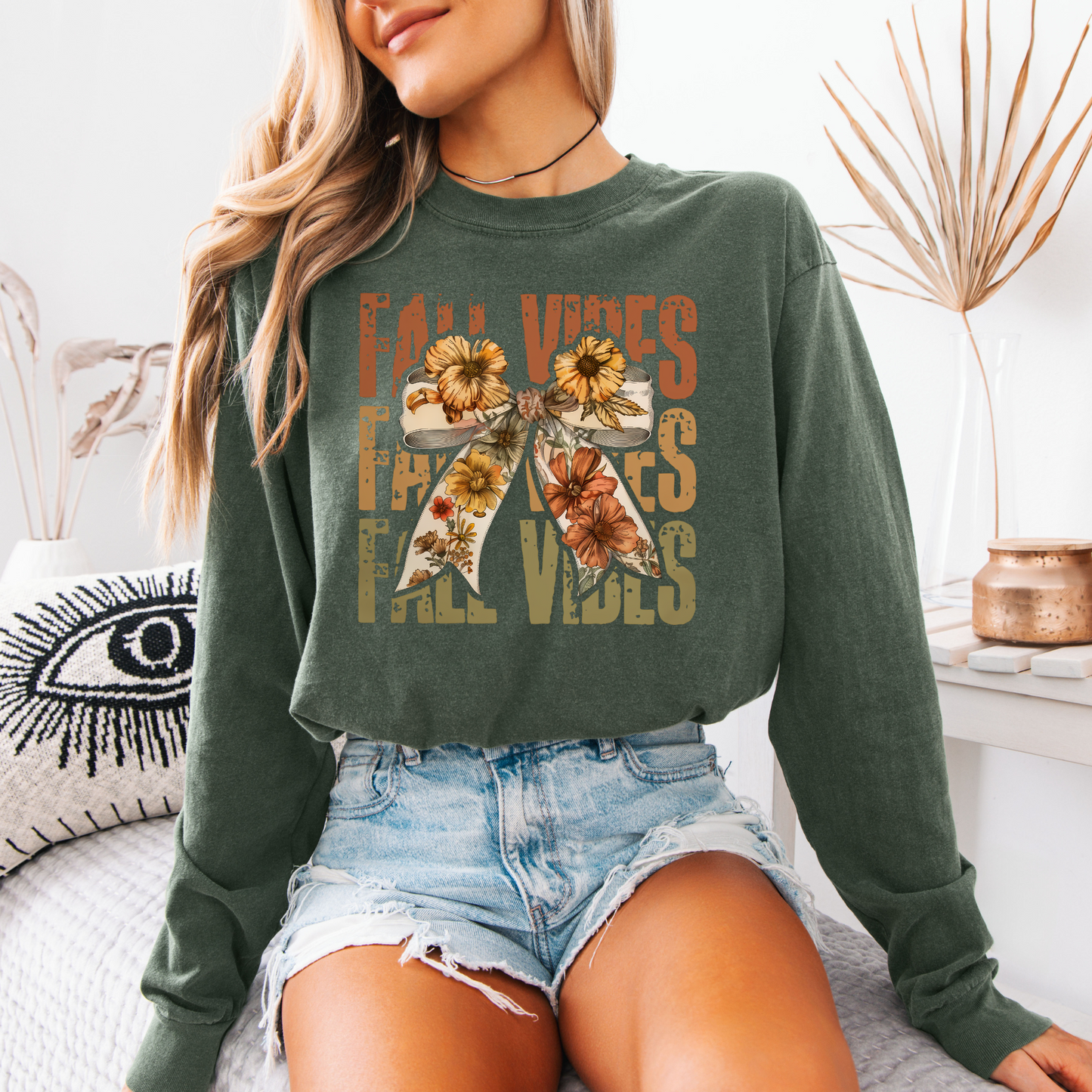 Fall Vibes Floral Bow Long Sleeve Tee