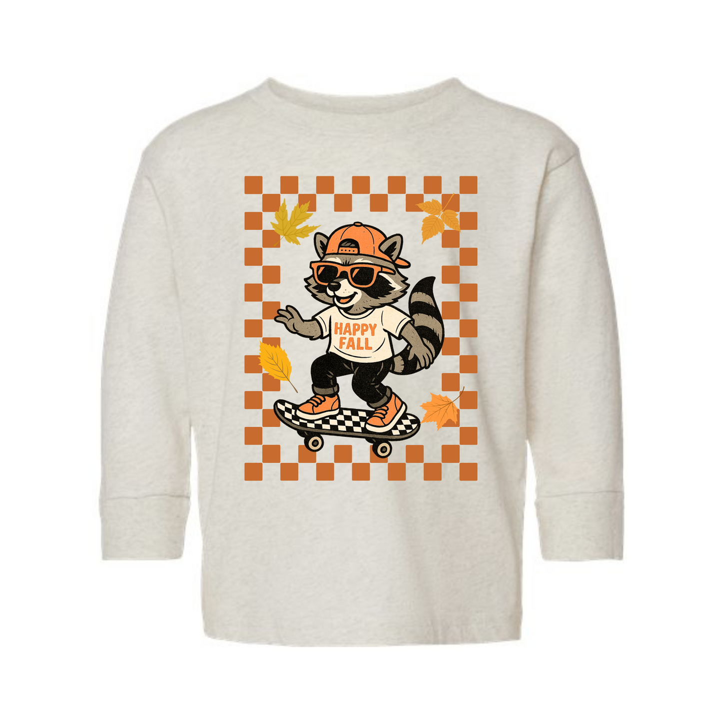 Happy Fall Skateboarding Raccoon Kids Long Sleeve Graphic Tee