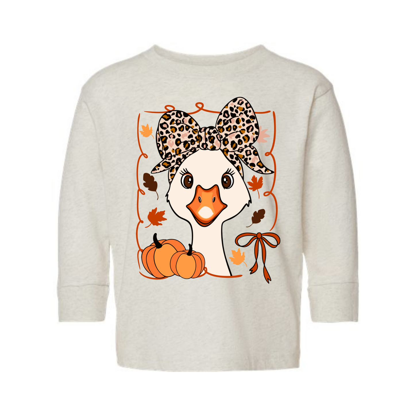 Fall Goose with Leopard Bow Kids Long Sleeve Graphic Tee