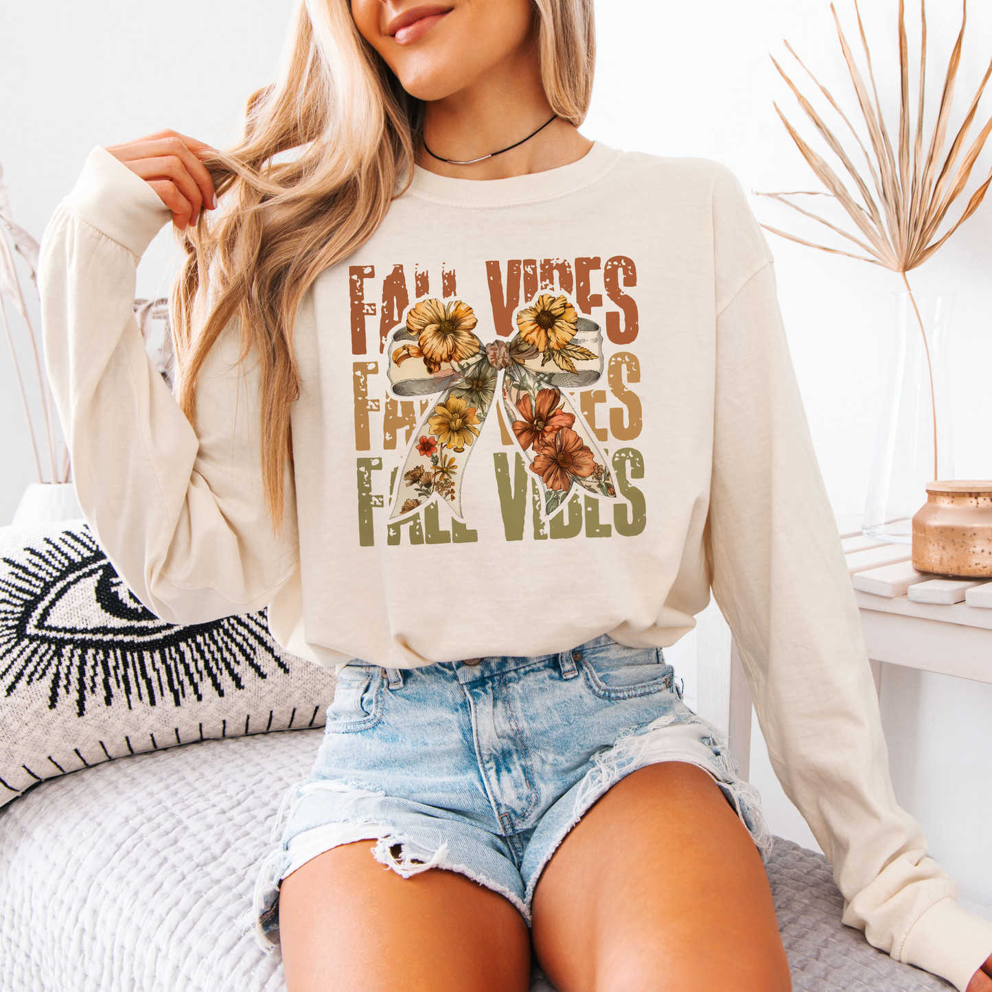 Fall Vibes Floral Bow Long Sleeve Tee