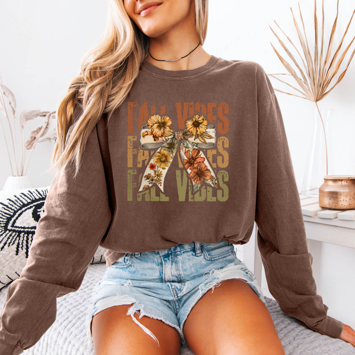 Fall Vibes Floral Bow Long Sleeve Tee