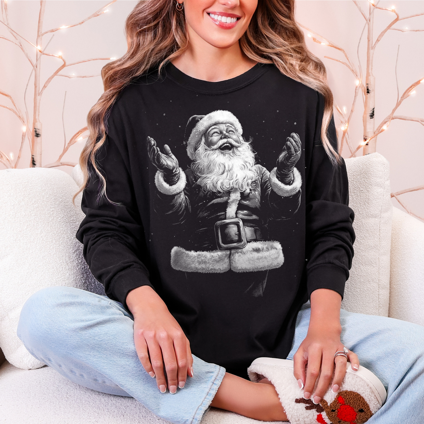 Joyful Santa Claus Black Sweatshirt - Vintage Christmas Holiday Pullover for Women