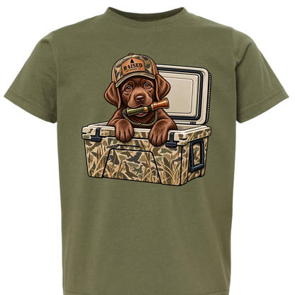 Kids Hunting Puppy Tee | Camo Labrador & Duck Call Graphic