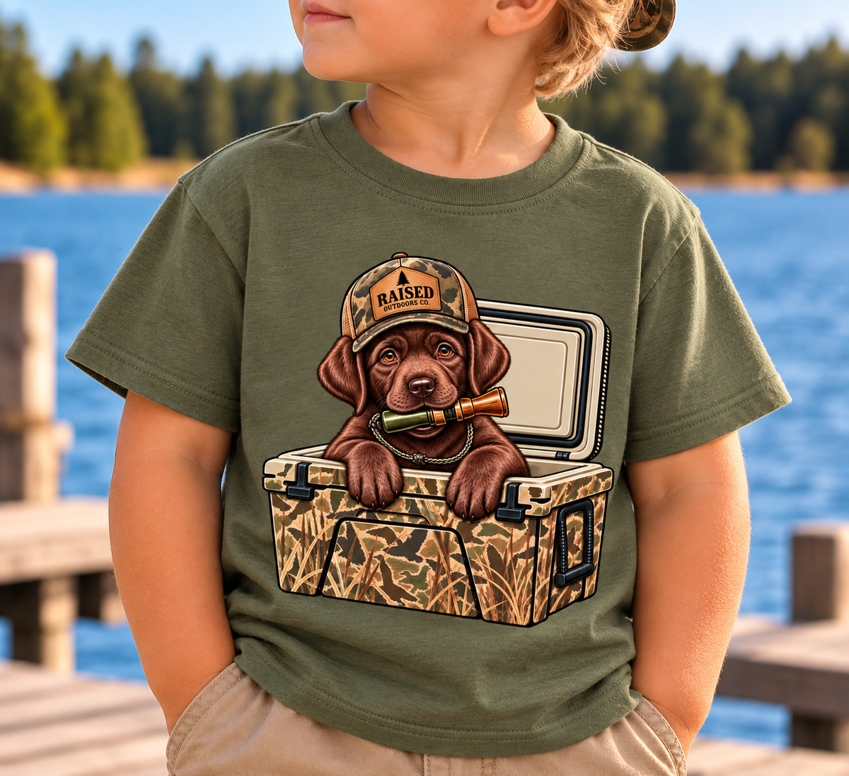 Kids Hunting Puppy Tee | Camo Labrador & Duck Call Graphic