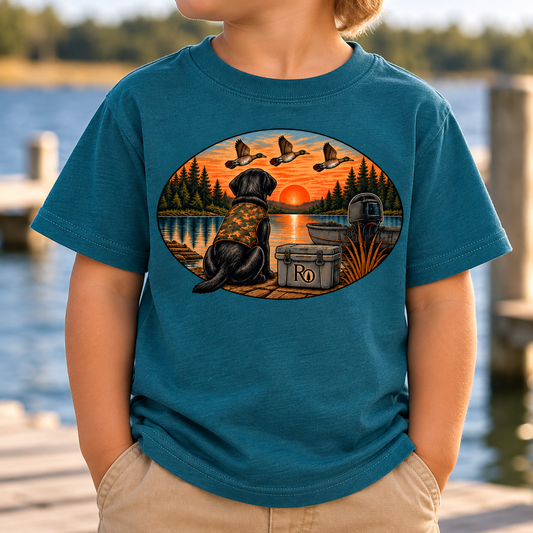 Kids Duck Hunting Dog Tee | Labrador & Mallard Sunset Graphic