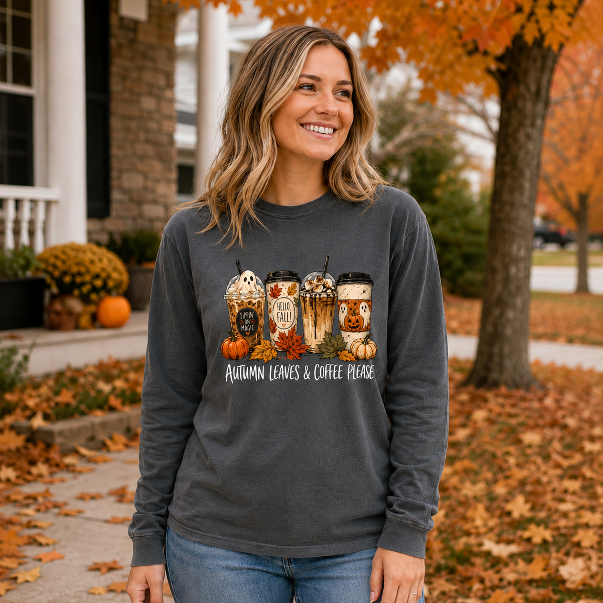 Autumn Leaves & Coffee Please Long Sleeve Shirt | Comfort Colors Fall Tee