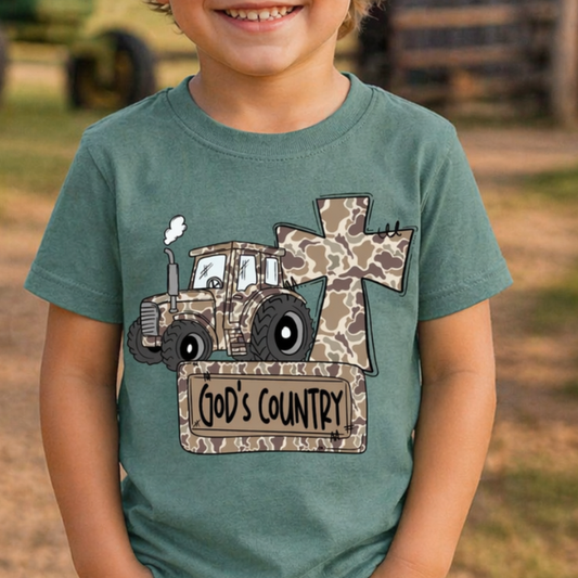 God’s Country Tractor Kids Shirt – Christian Farm Toddler Tee