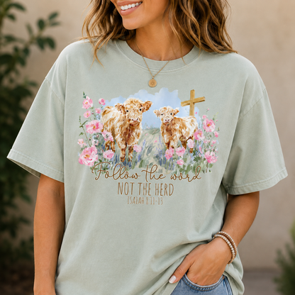 Follow the Word Not the Herd Cow Graphic Tee