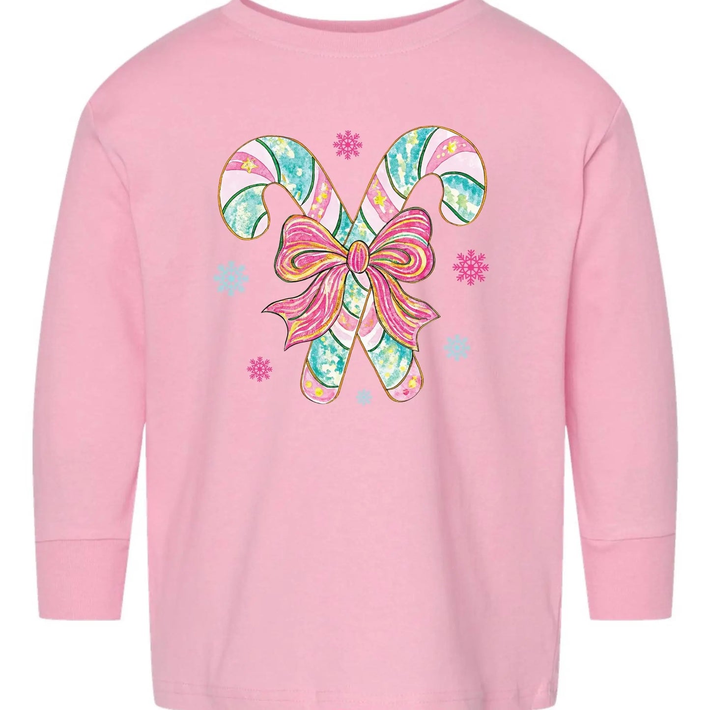 Pink & Teal Candy Canes Toddler Long Sleeve Tee – Christmas Bow Rabbit Skins Kids Shirt Twice the Charm Boutique