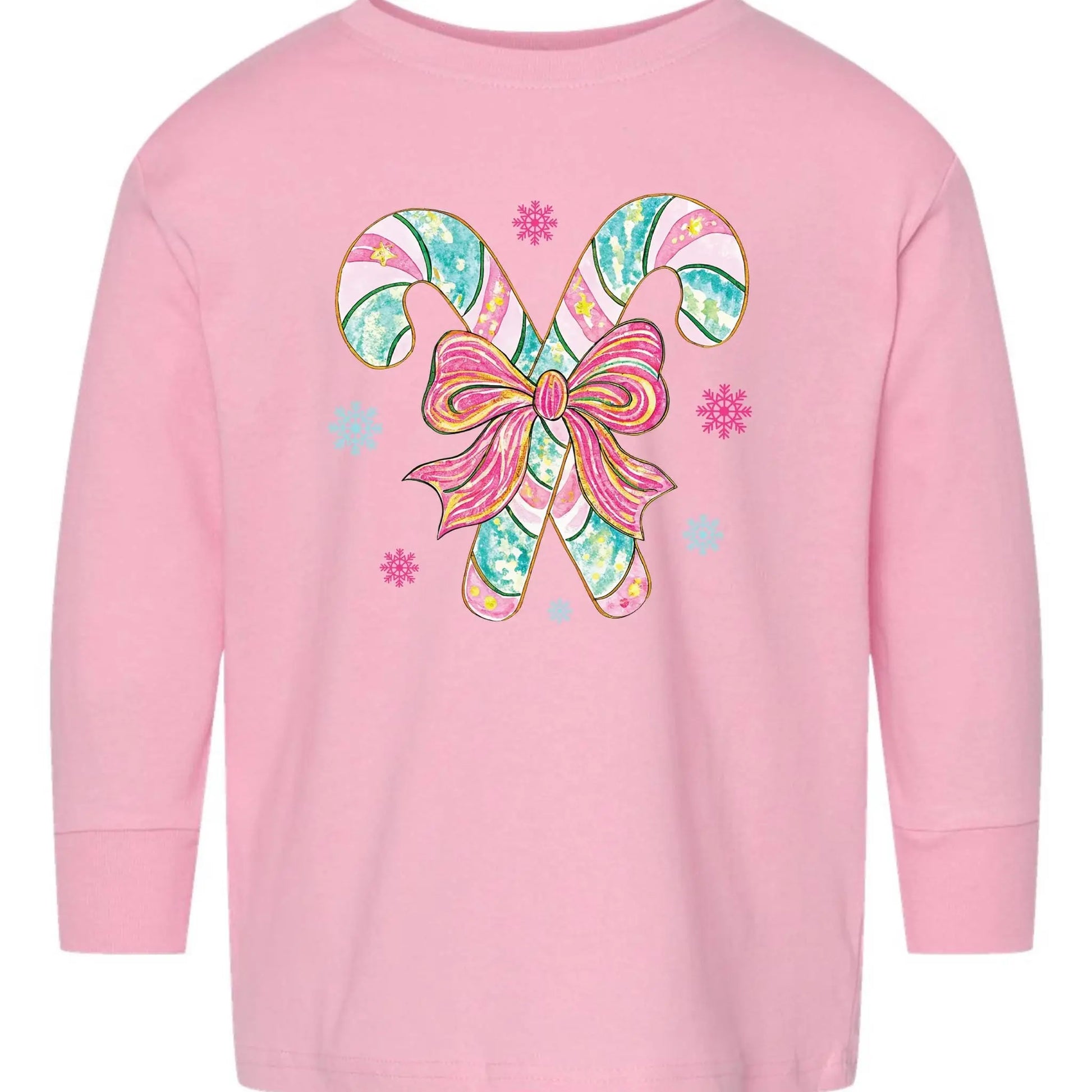 Pink & Teal Candy Canes Toddler Long Sleeve Tee – Christmas Bow Rabbit Skins Kids Shirt Twice the Charm Boutique