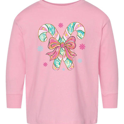 Pink & Teal Candy Canes Toddler Long Sleeve Tee – Christmas Bow Rabbit Skins Kids Shirt Twice the Charm Boutique
