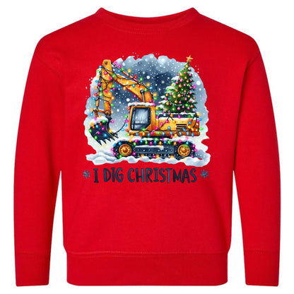 I Dig Christmas Toddler Sweatshirt – Construction Excavator Rabbit Skins Kids Crewneck Twice the Charm Boutique