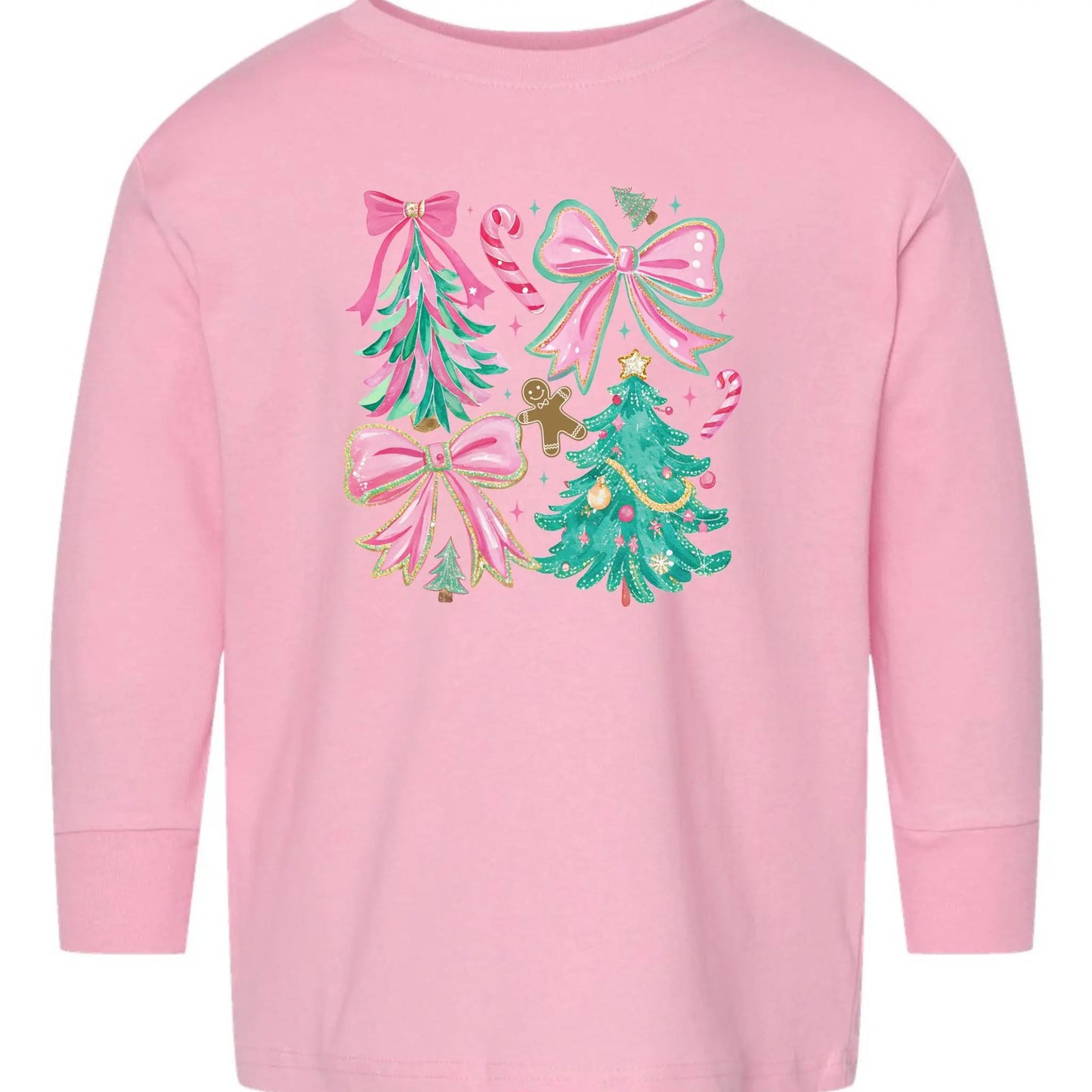 Pink Bows & Christmas Trees Toddler Long Sleeve Tee – Festive Rabbit Skins Kids Tee Twice the Charm Boutique