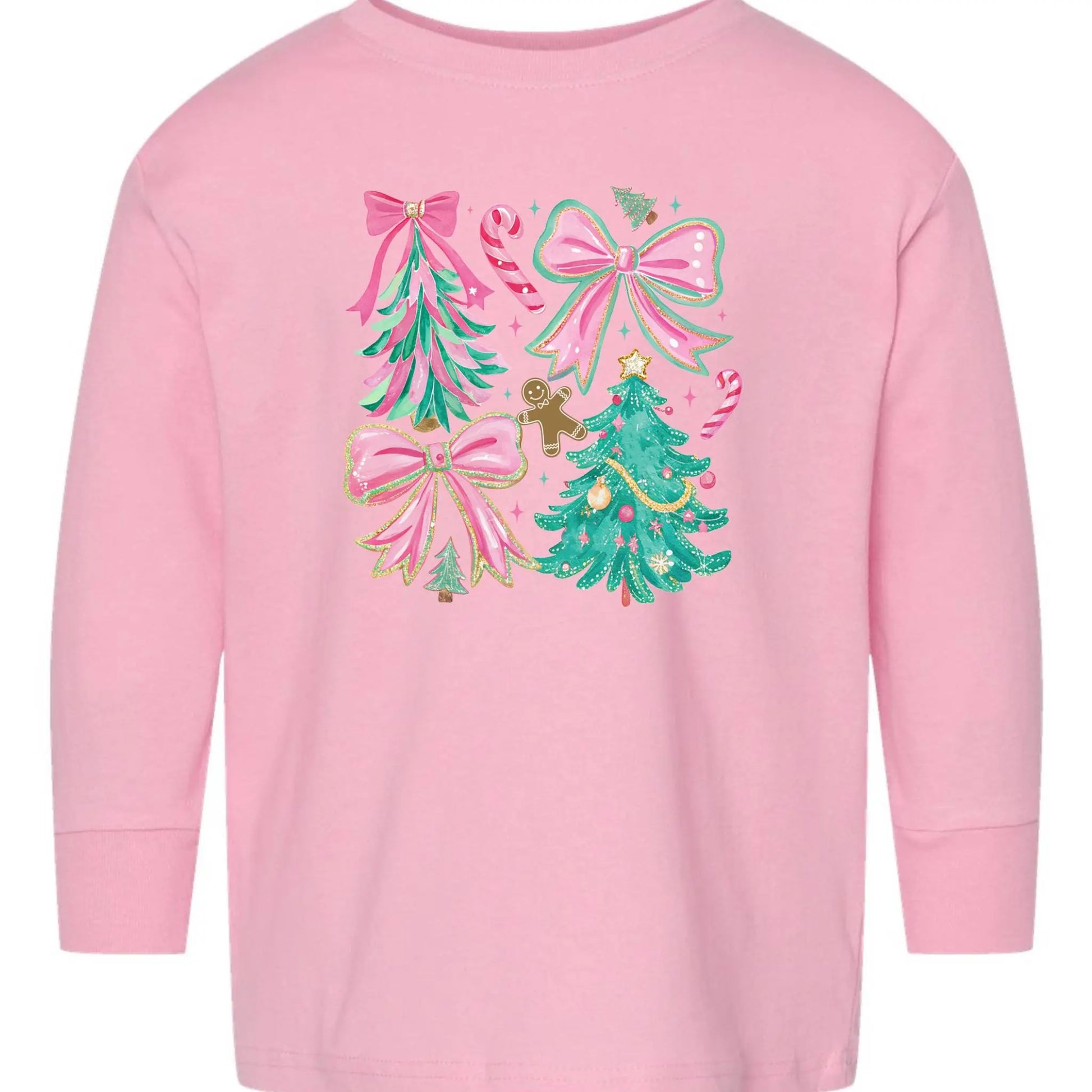 Pink Bows & Christmas Trees Toddler Long Sleeve Tee – Festive Rabbit Skins Kids Tee Twice the Charm Boutique