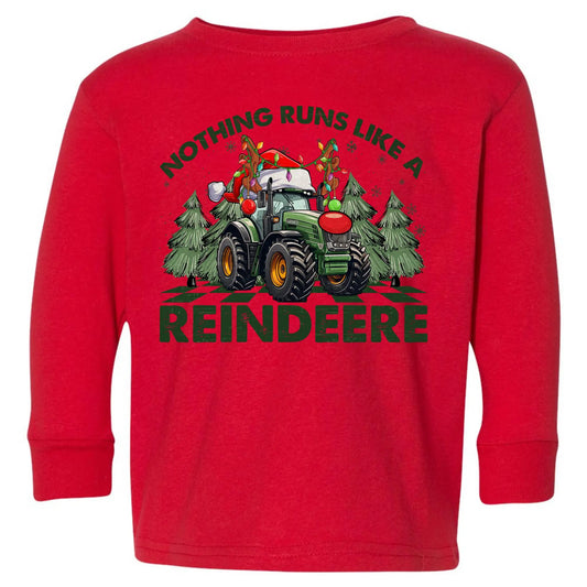 Nothing Runs Like A Reindeere Toddler Shirt – Christmas Tractor Rabbit Skins Kids Crewneck Twice the Charm Boutique