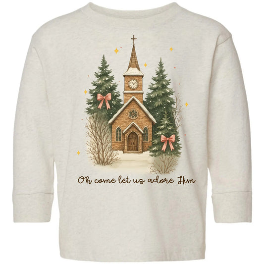 Oh Come Let Us Adore Him Church Toddler Long Sleeve Tee – Christmas Faith Rabbit Skins Kids Shirt Twice the Charm Boutique