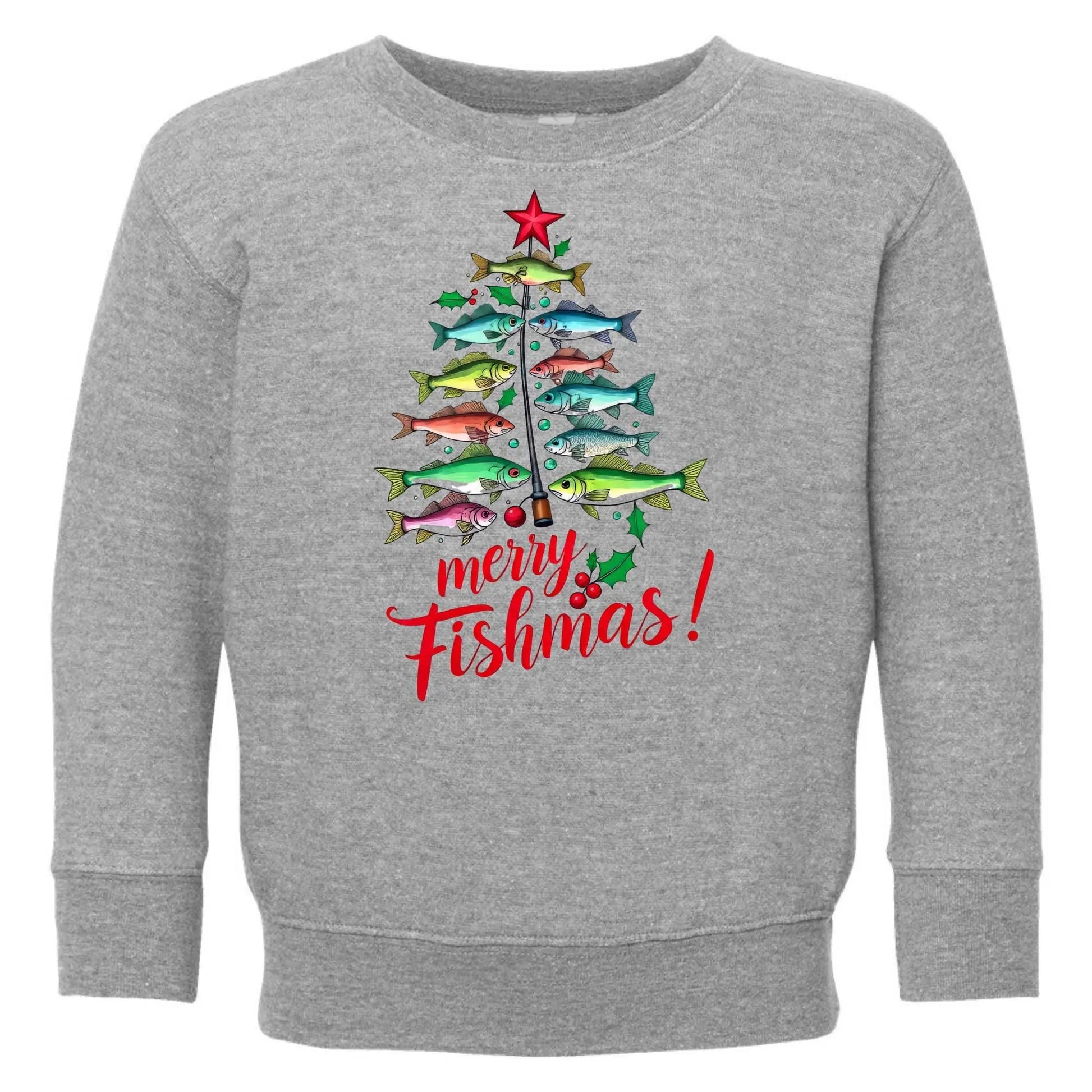 Merry Fishmas Toddler Sweatshirt – Fishing Christmas Tree Rabbit Skins Kids Crewneck Twice the Charm Boutique