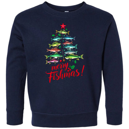 Merry Fishmas Toddler Sweatshirt – Fishing Christmas Tree Rabbit Skins Kids Crewneck Twice the Charm Boutique
