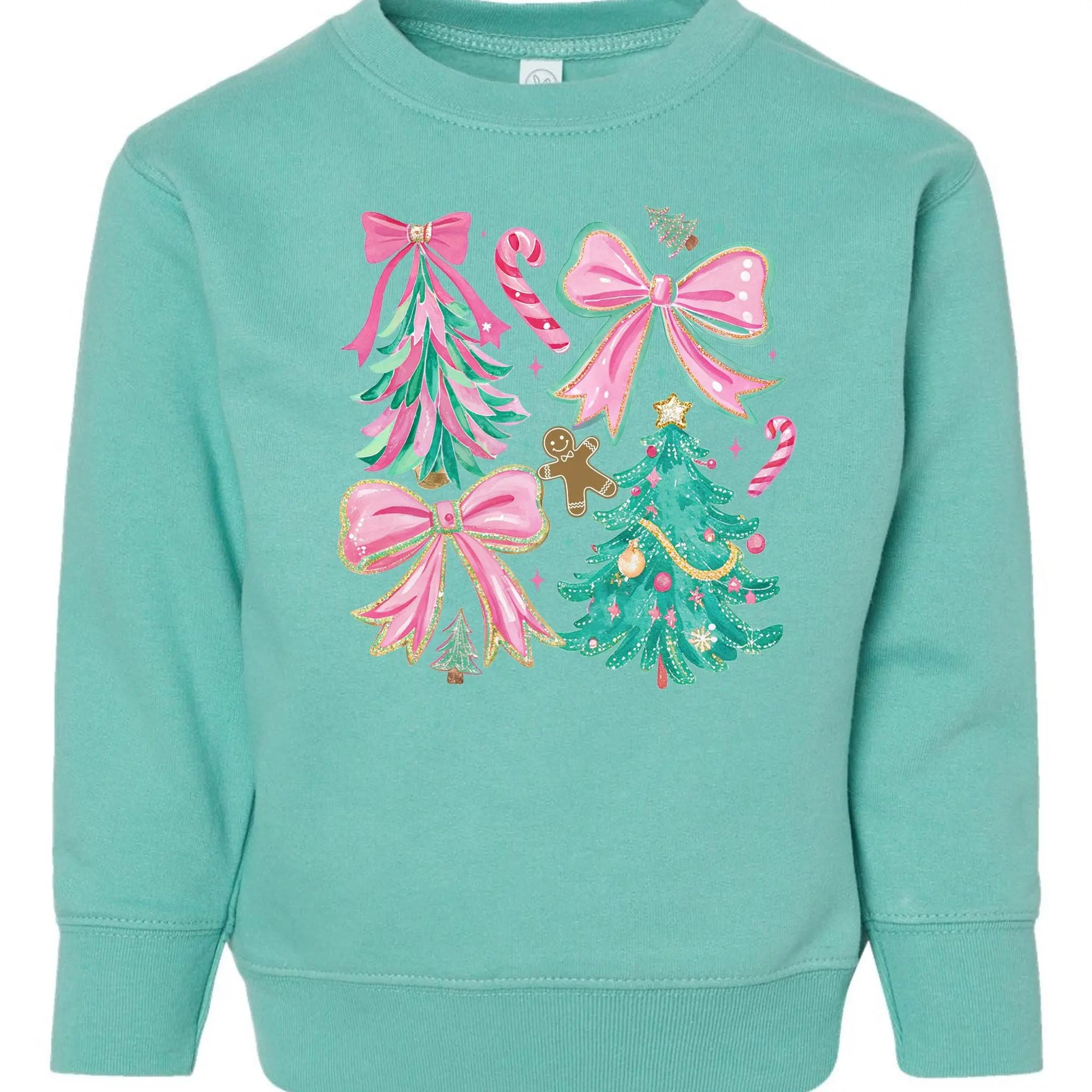 Pink Bows & Christmas Trees Toddler Sweatshirt – Festive Rabbit Skins Kids Crewneck Twice the Charm Boutique