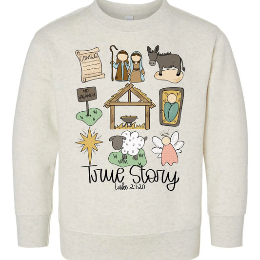 True Story Nativity Toddler Sweatshirt – Luke 2:1-20 Rabbit Skins Kids Christmas Crewneck Twice the Charm Boutique