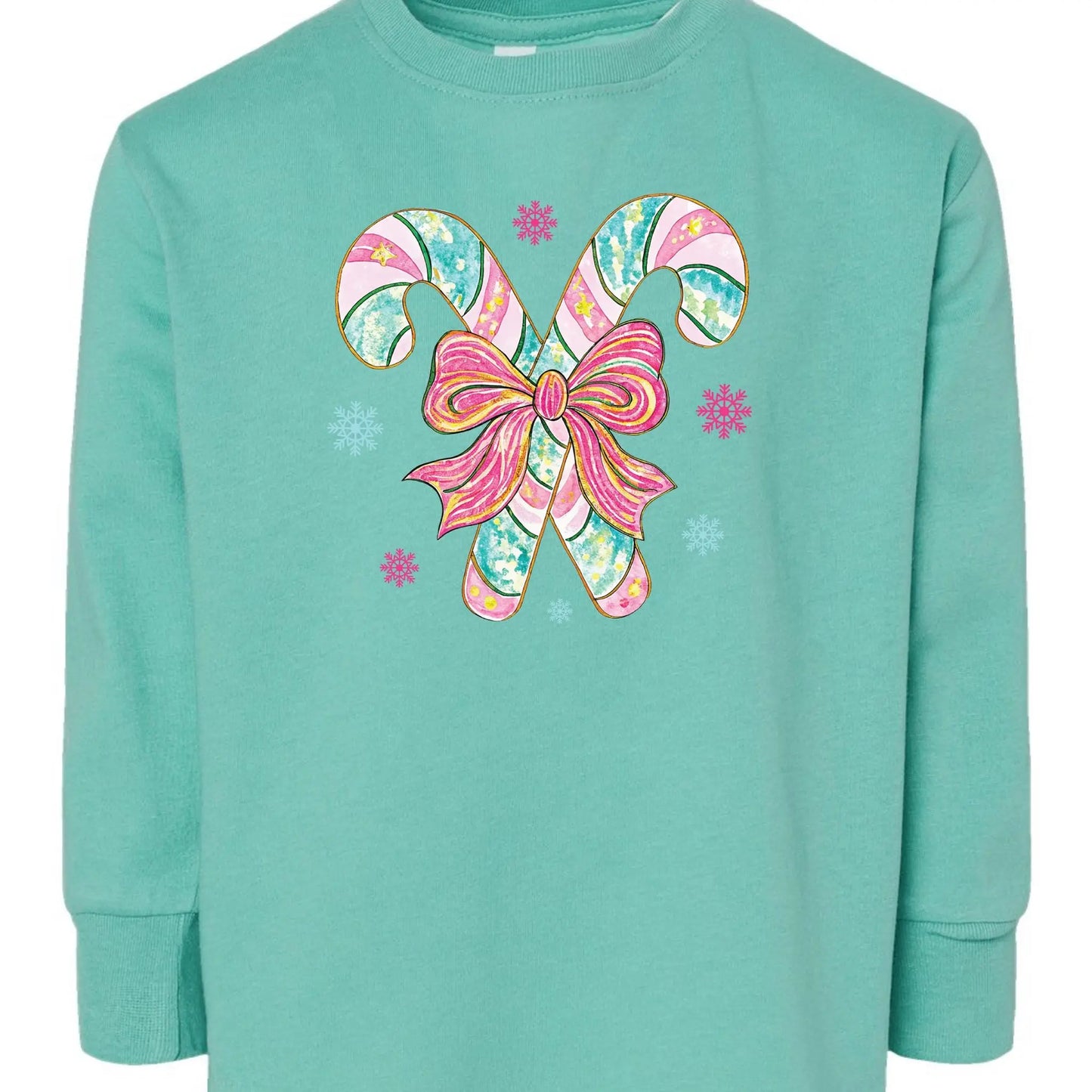 Pink & Teal Candy Canes Toddler Long Sleeve Tee – Christmas Bow Rabbit Skins Kids Shirt Twice the Charm Boutique