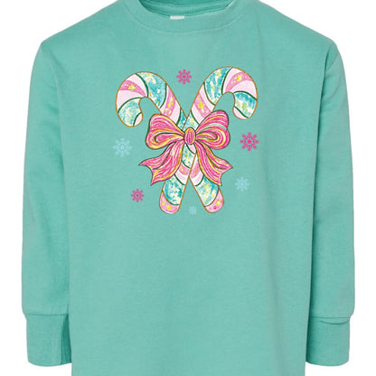Pink & Teal Candy Canes Toddler Long Sleeve Tee – Christmas Bow Rabbit Skins Kids Shirt Twice the Charm Boutique