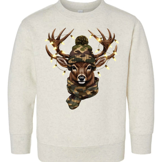 Camo Deer Christmas Lights Toddler Sweatshirt – Hunting Holiday Rabbit Skins Kids Crewneck Twice the Charm Boutique