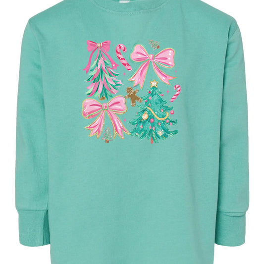 Pink Bows & Christmas Trees Toddler Long Sleeve Tee – Festive Rabbit Skins Kids Tee Twice the Charm Boutique