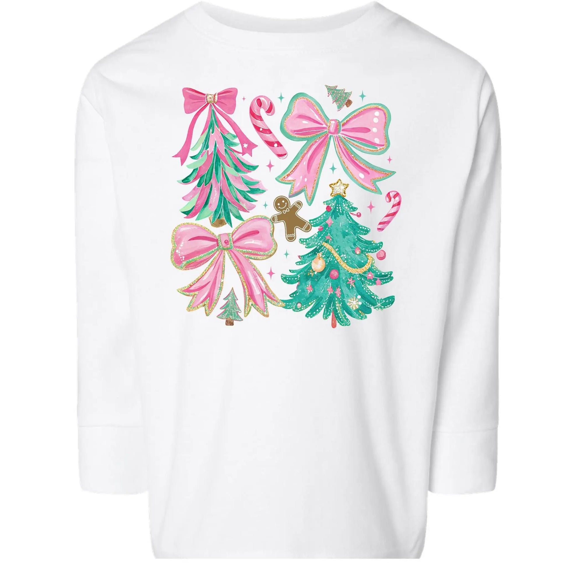 Pink Bows & Christmas Trees Toddler Long Sleeve Tee – Festive Rabbit Skins Kids Tee Twice the Charm Boutique