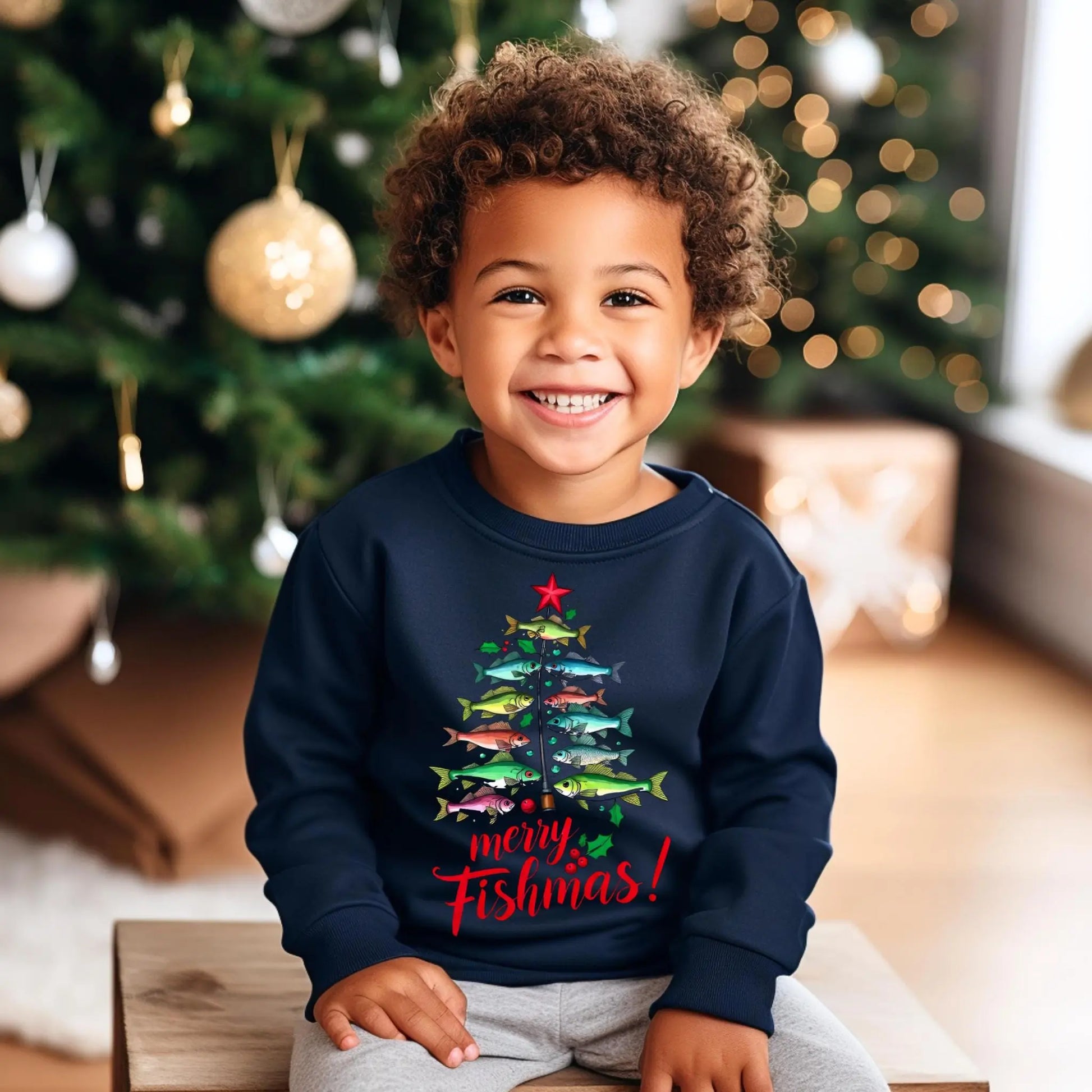 Merry Fishmas Toddler Sweatshirt – Fishing Christmas Tree Rabbit Skins Kids Crewneck Twice the Charm Boutique