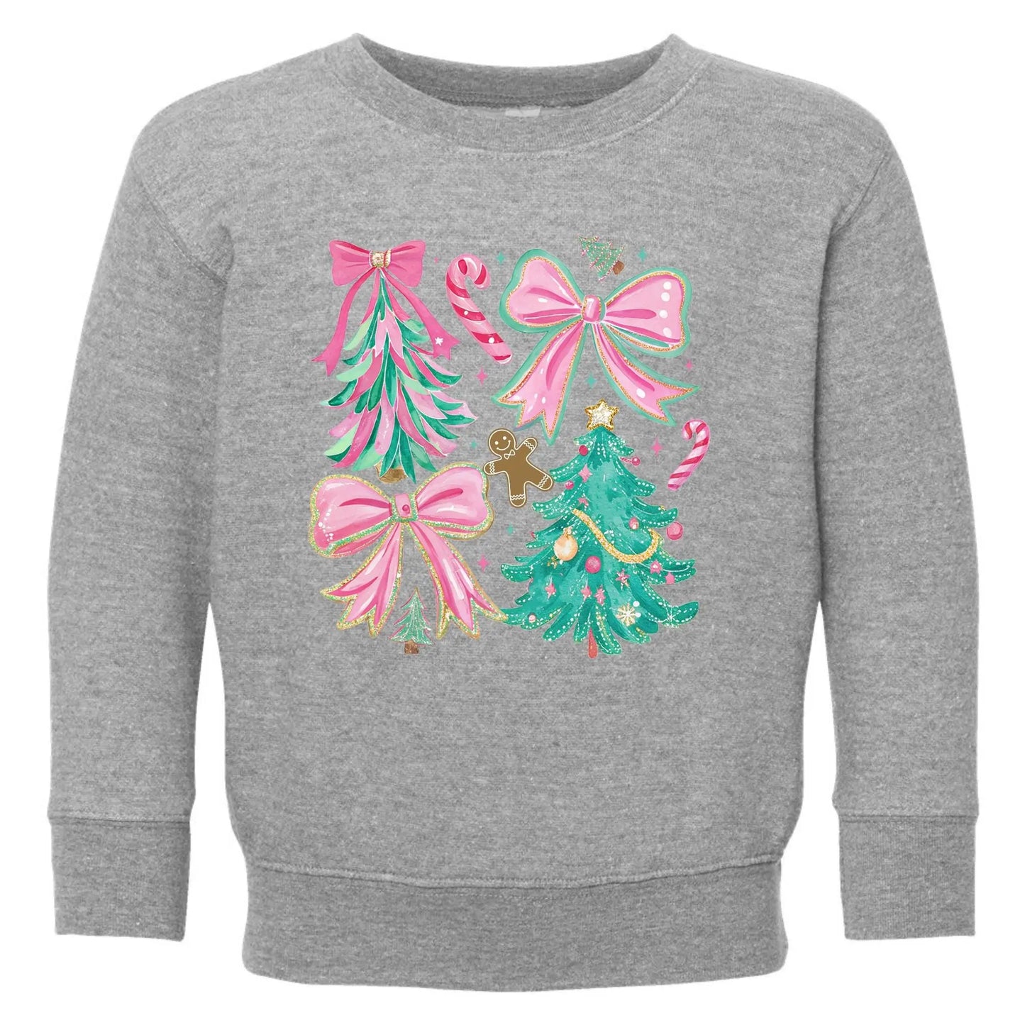 Pink Bows & Christmas Trees Toddler Sweatshirt – Festive Rabbit Skins Kids Crewneck Twice the Charm Boutique