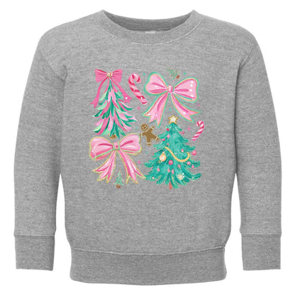 Pink Bows & Christmas Trees Toddler Sweatshirt – Festive Rabbit Skins Kids Crewneck Twice the Charm Boutique