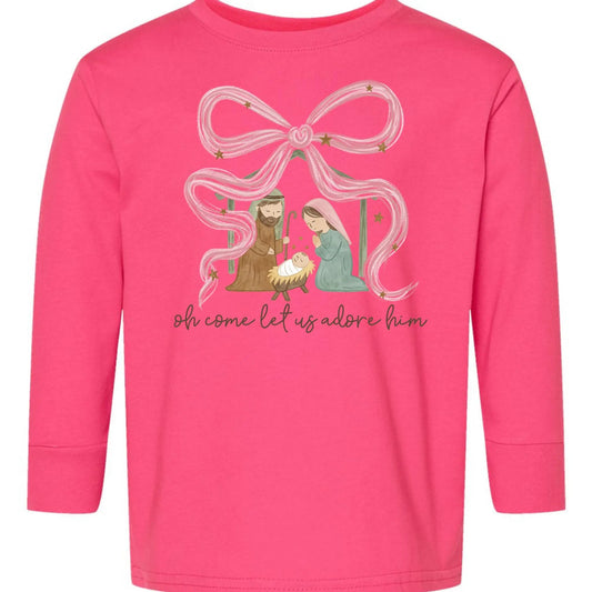 Oh Come Let Us Adore Him Toddler Long Sleeve Tee – Pink Bow Nativity Rabbit Skins Kids Shirt Twice the Charm Boutique