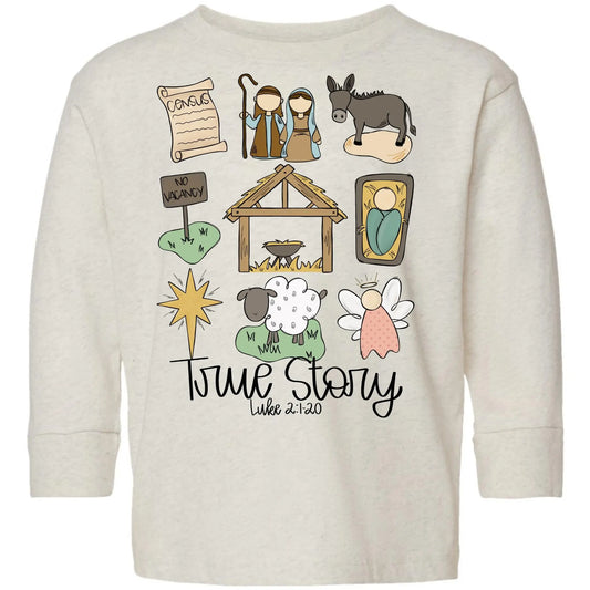 True Story Nativity Toddler Tee – Luke 2:1-20 Rabbit Skins Kids Christmas Shirt Twice the Charm Boutique