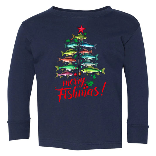 Merry Fishmas Toddler Long Sleeve Tee – Fishing Christmas Tree Rabbit Skins Kids T-shirt Twice the Charm Boutique