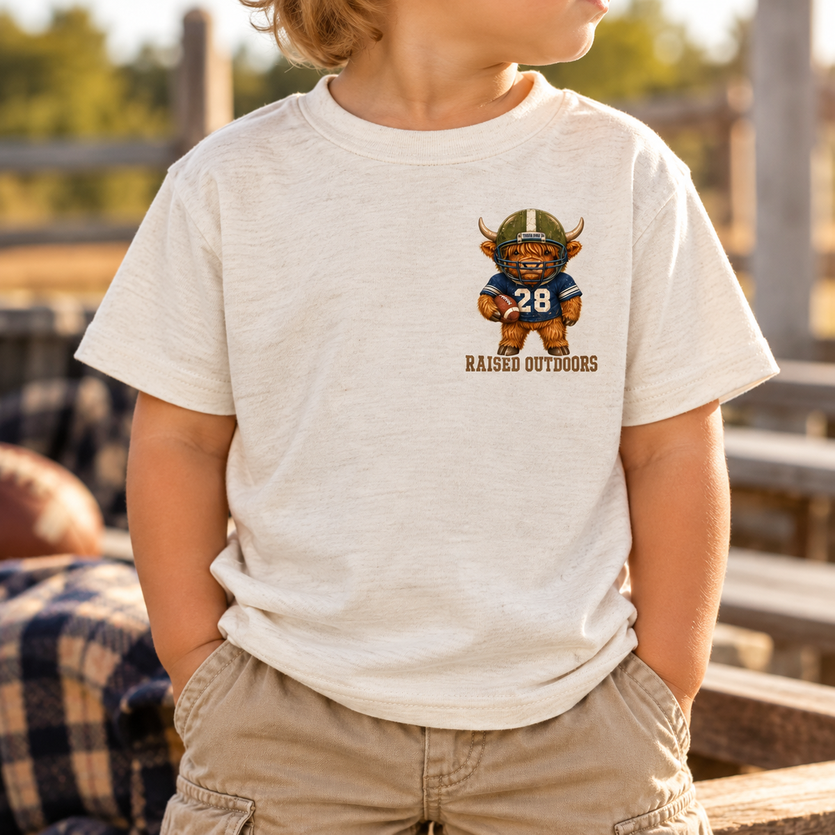Little Linebacker Highland Cow Football Tee