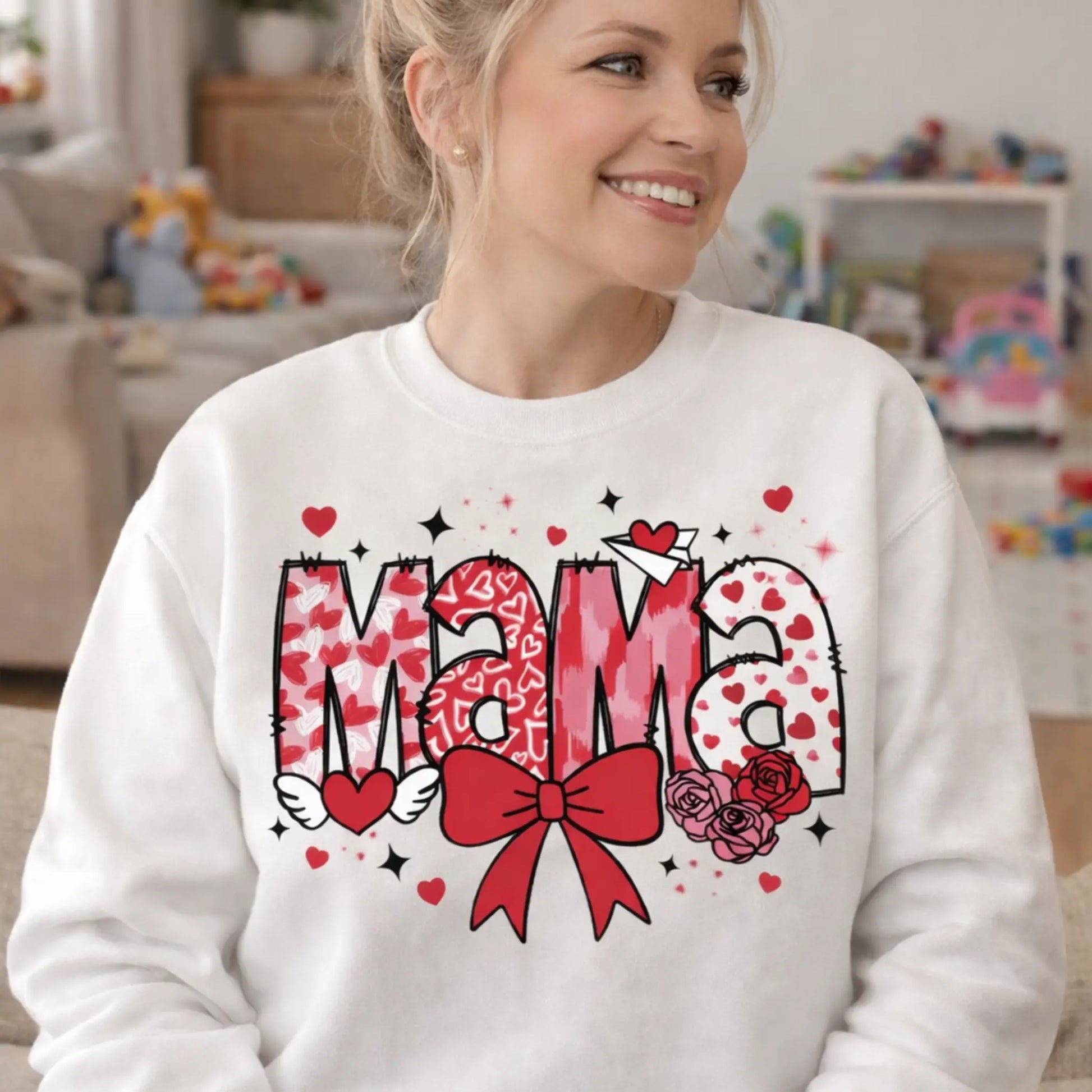 Mama Valentine Graphic Sweatshirt – Cute Heart & Bow Mama Pullover Twice the Charm Boutique